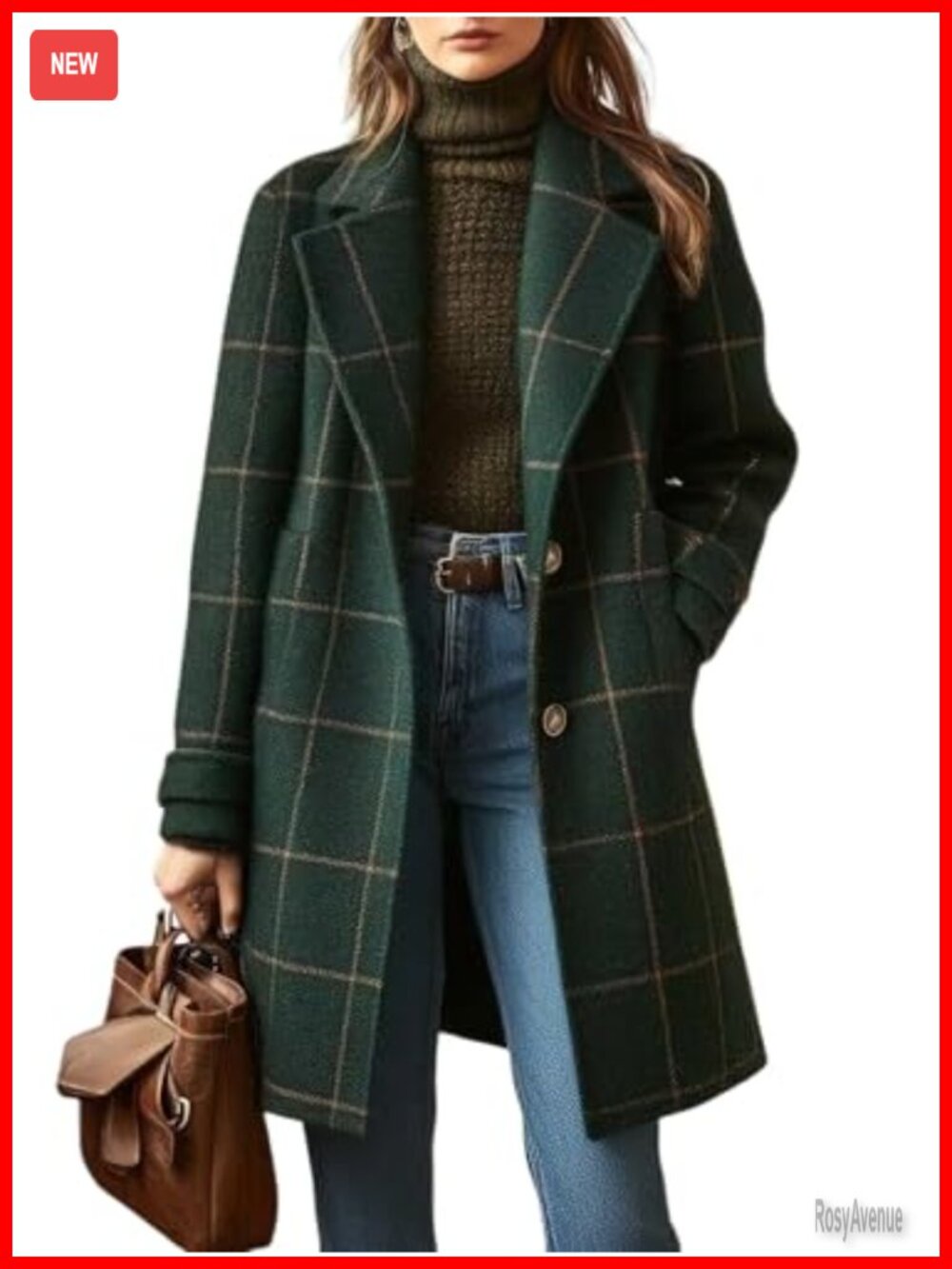 Womens Plaid Wool Blend Trench Coat Notch Collar Button Down Mid Long Overcoat
